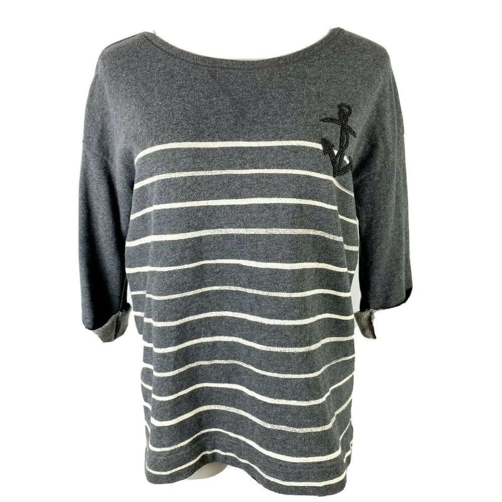 Gap Striped Beaded Oversized‎ Shirt Women's Small Gray White Drop Sleeve